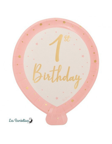 8 Assiettes Ballons Rose et Or 1st Birthday