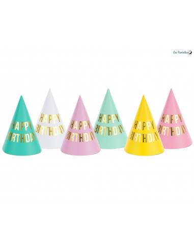 6 Chapeaux Pointus Multicolores Happy Birthday