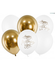 6 Ballons Blancs & Or Happy Birthday to You