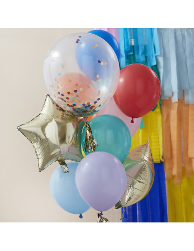 Kit 11 Ballons Confettis, Etoiles, Unis Multicolores