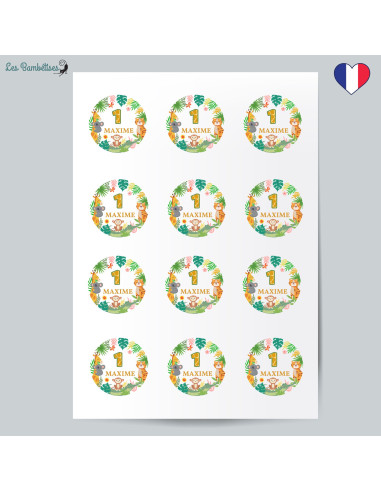 12 Stickers Anniversaire Jungle Personnalisé - Les Bambetises