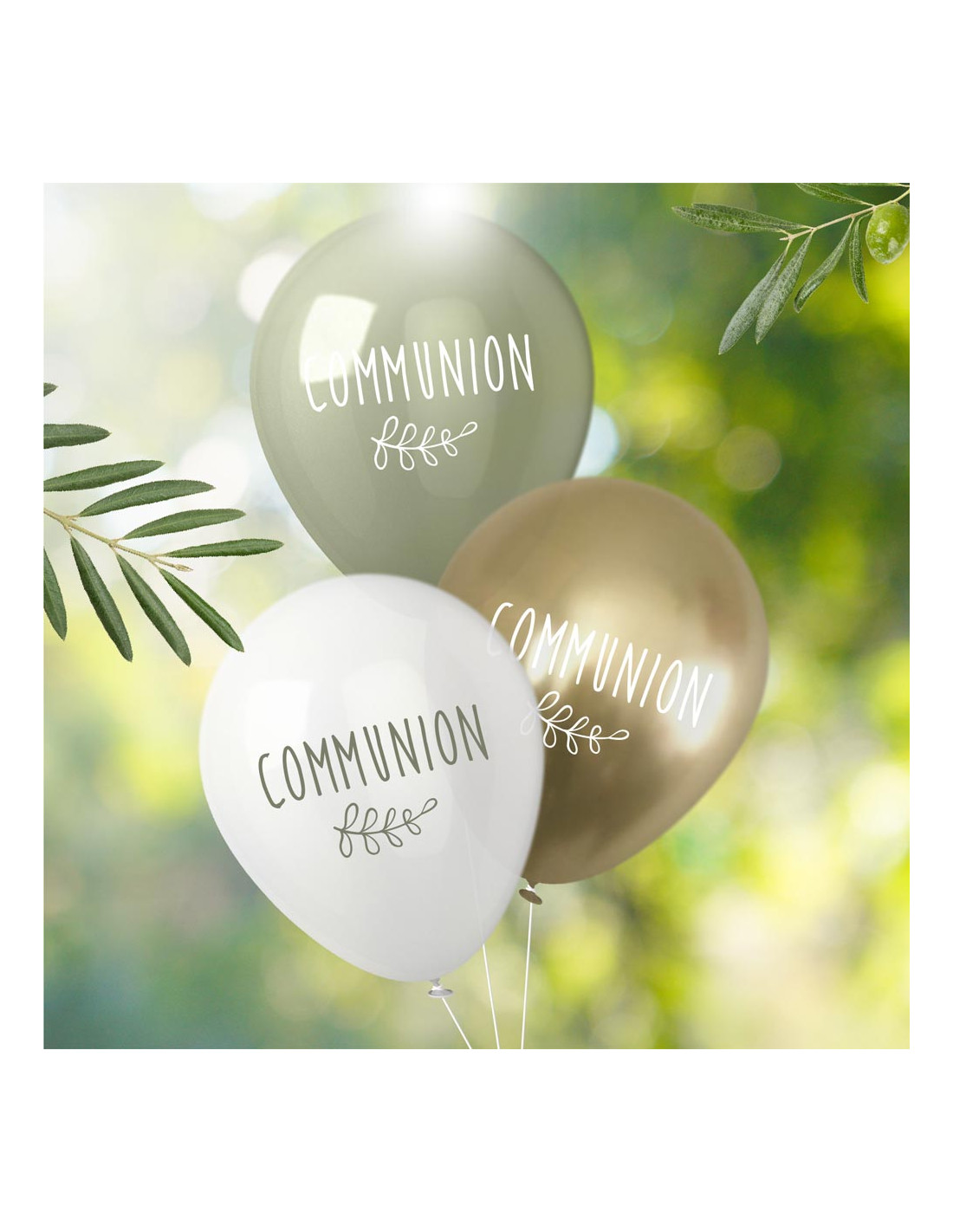 8 Ballons Communion Blanc, Or, Vert Sauge - Les Bambetises