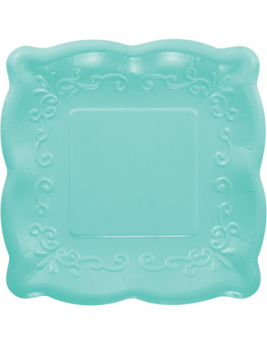8 petites assiettes carrées dessin en relief turquoise