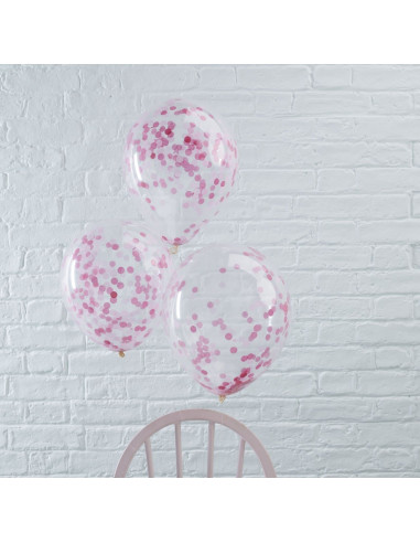 5 ballons transparents avec confettis roses à l'intérieur