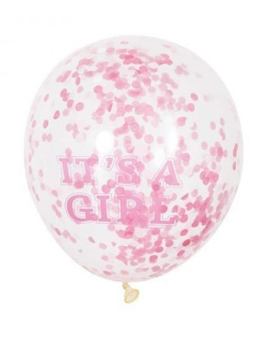 6 ballons transparents avec écriture "It's a girl" et confettis roses
