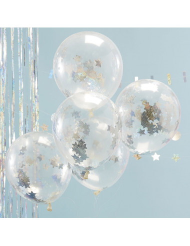 5 ballons transparents avec confettis étoiles irisées argent à l'intérieur