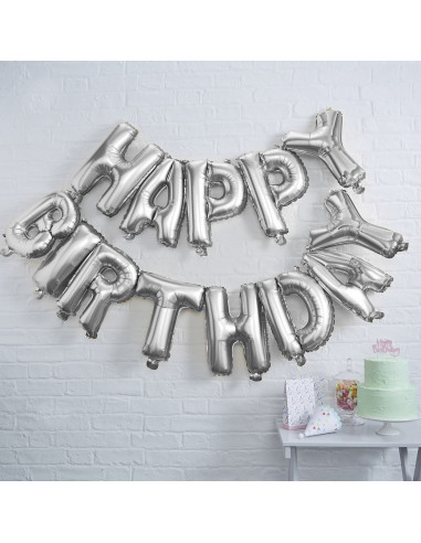 Guirlande décorative ballons mylar argent " Happy Birthday"