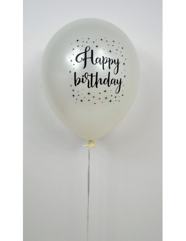 5 ballons blancs métallisés imprimés "Happy birthday" avec étoiles