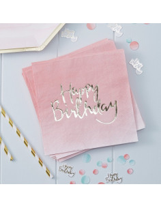 20 serviettes dégradées roses "Happy birthday" métallique