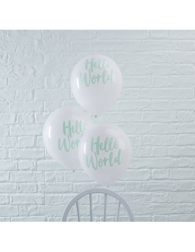 10 ballons blancs avec écriture "Hello World " vert menthe