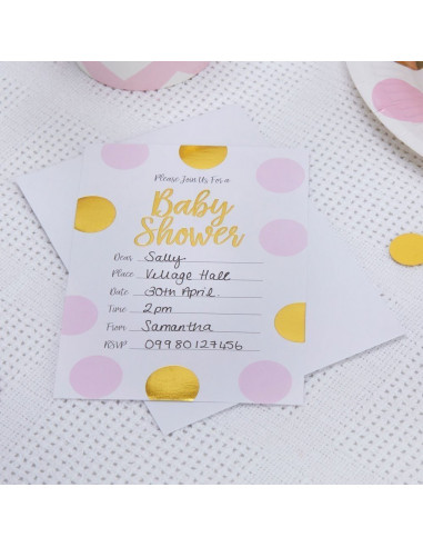 10 invitations Baby Shower pois roses et dorés avec enveloppes blanches