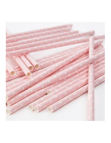 Pailles en papier rétros rose pastel pois blancs