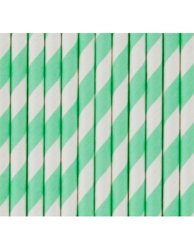 25 pailles rayées vert pastel et blanc