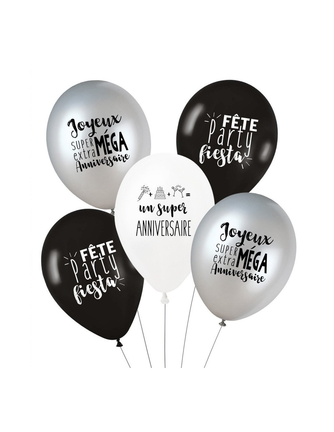 5 Ballons Joyeux Anniversaire, Blanc, Noir, Argent