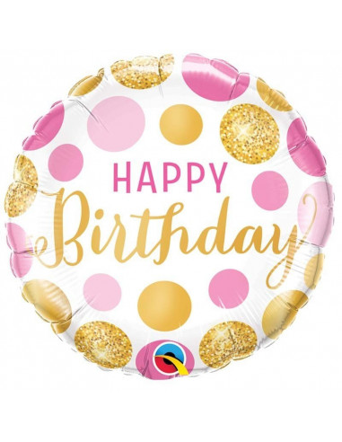Ballon métallique Happy Birthday avec pois roses et dorés