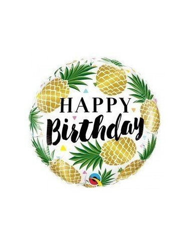 Ballon métallique rond ananas Happy Birthday